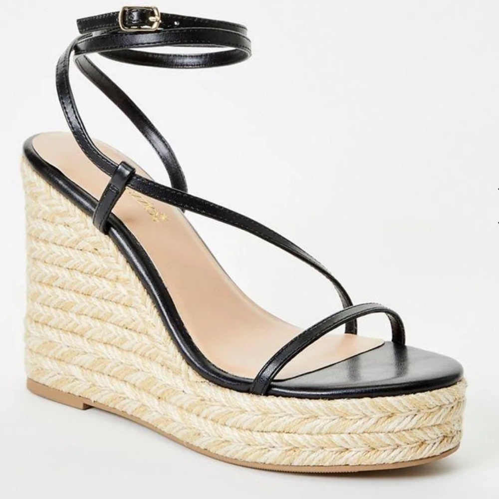 Black Strappy Espadrille Platform Wedge Sandals